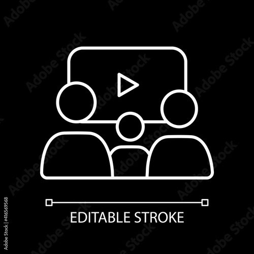 Family picture white linear icon for dark theme. Parents with children watch film at cinema. Thin line customizable illustration. Isolated vector contour symbol for night mode. Editable stroke
