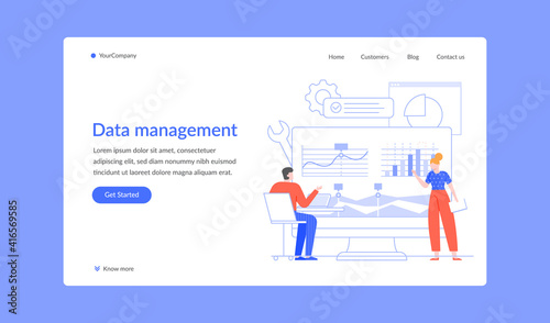 Data management analysis chart business landing page. Vector business information management, office database diagram charts cloud illustration