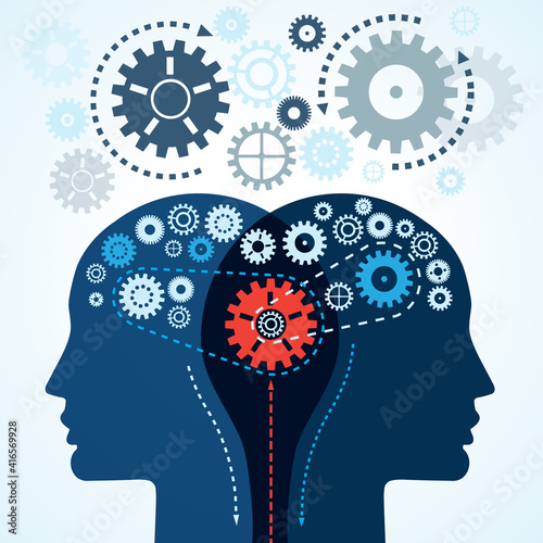 Communication concept. Human two heads with gears. Human brain functioning concept. The uniqueness and complexity of the thought process.