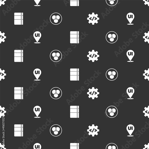 Set Front end development, UI or UX design, Sketchbook album and RGB and CMYK color mixing on seamless pattern. Vector.