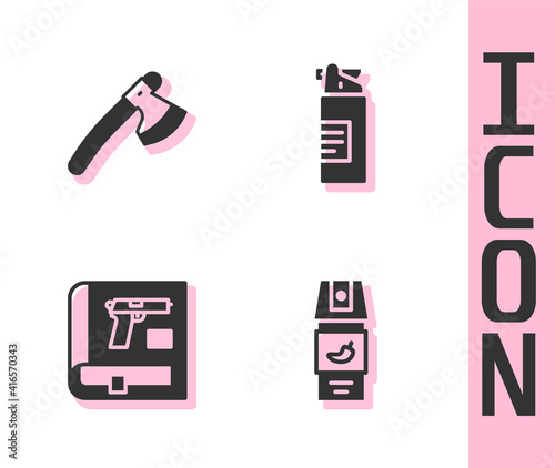 Set Pepper spray, Wooden axe, Book with pistol or gun and Weapons oil bottle icon. Vector.