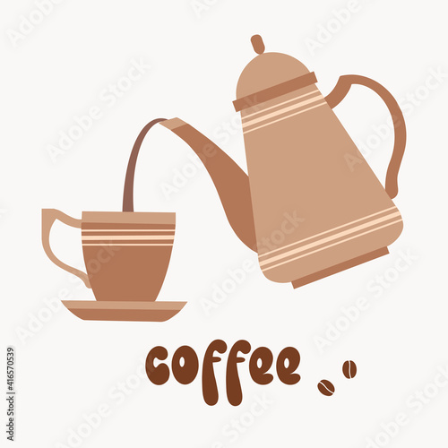 Set of items with an inscription, a coffee pot, a cup and coffee beans.