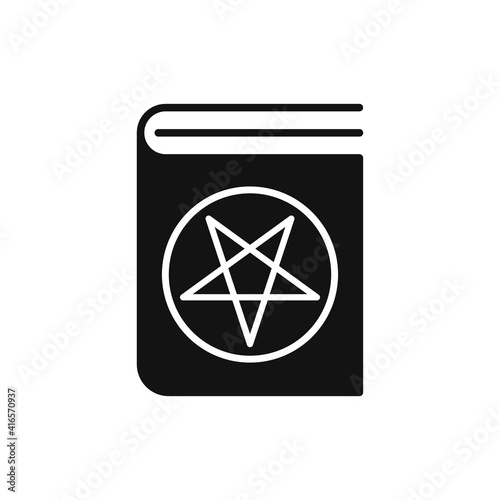 Black Book with pentagram solid icon. Satan book web vector illustration isolated on white backgrond. Magic book flat style design.