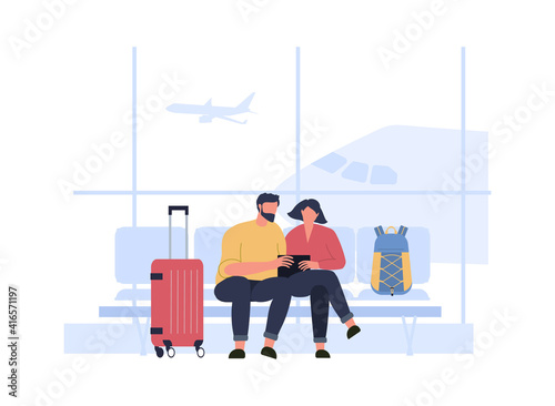 People wait boarding in airport terminal hall. Airport hall to boarding terminal, travel vacation and traveler, vector illustration
