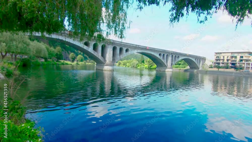 Pont du Chemin de Fer, railway bridge at Huy on a sunny summer day, above The Maas, Huy, Belgium, 4k, 50fps Pont du Chemin de Fer, railway bridge at Huy on a sunny summer day, above The Maas, Huy, Belgium, 4k, 50fps