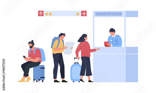 Queue for passport control, concept travel and vacation. Queue passenger to airport control, vacation and trip check-in. Vector illustration