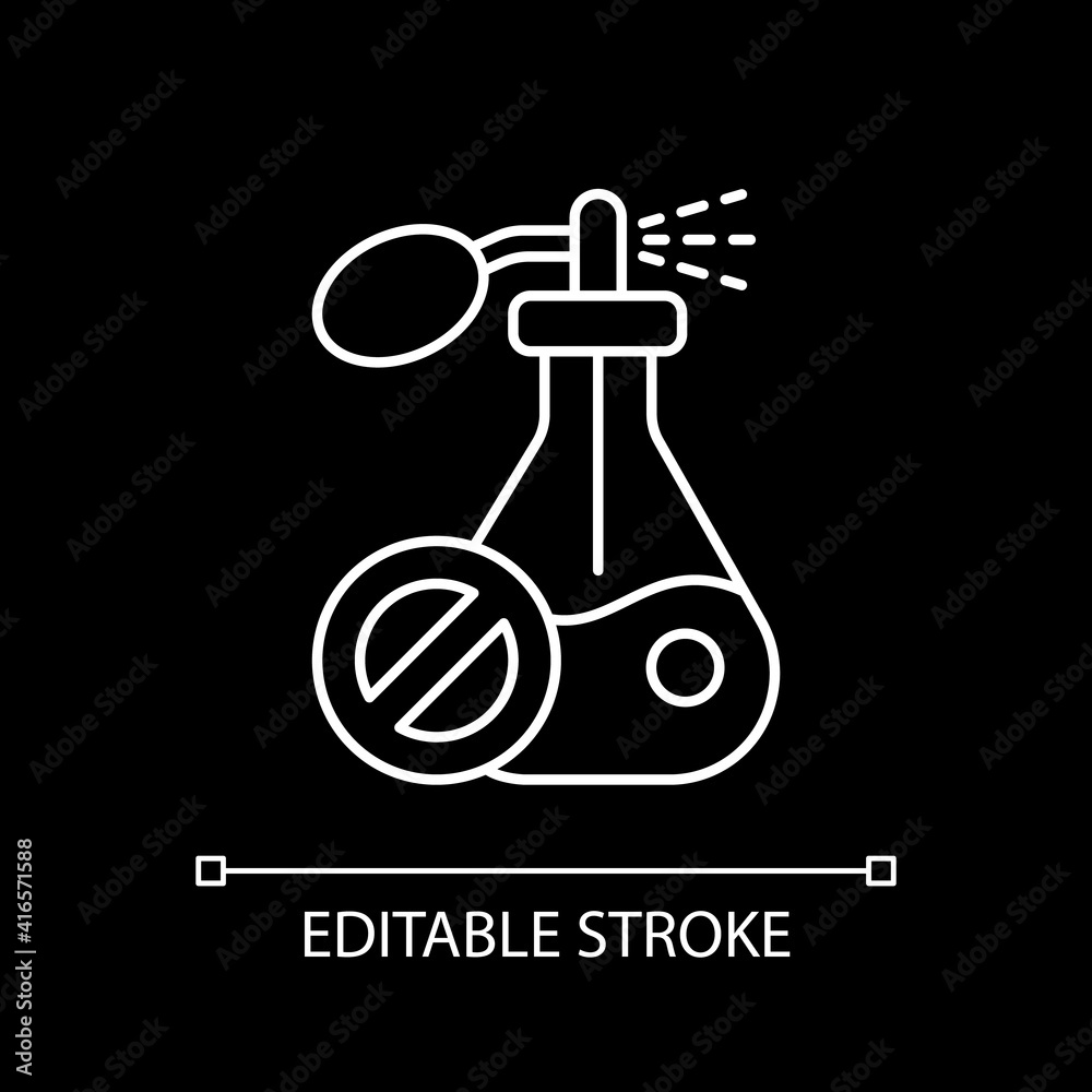 No synthetic fragrances white linear icon for dark theme. Natural cosmetics, essential oils. Thin line customizable illustration. Isolated vector contour symbol for night mode. Editable stroke No synthetic fragrances white linear icon for dark theme. Natural cosmetics, essential oils. Thin line customizable illustration. Isolated vector contour symbol for night mode. Editable stroke