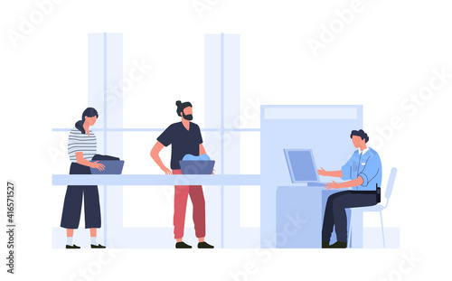 Security control at airport, checking things scanner. Vector airport security control, luggage and baggage checkpoint illustration
