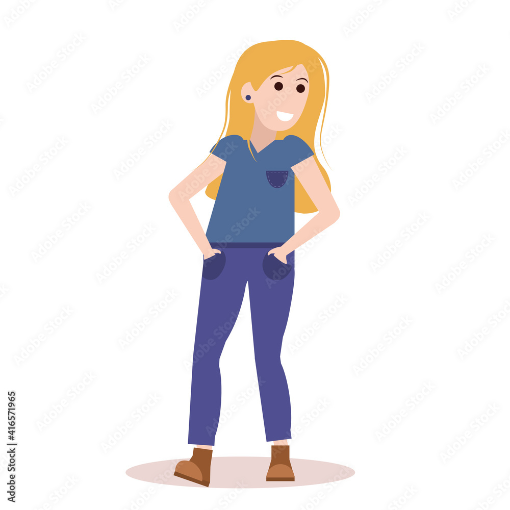 vector illustration of a smiling young woman, blonde in casual clothes, looking over her shoulder. Flat style, isolate on white background vector illustration of a smiling young woman, blonde in casual clothes, looking over her shoulder. Flat style, isolate on white background