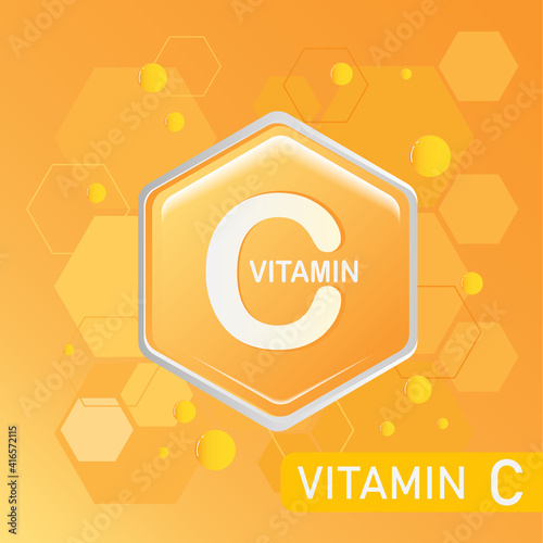 Hexagon shape vitamin C logo with medical style background, orange color badge nutrition and supplement