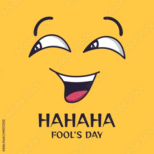 April fools day. Cartoon crazy laughing eyes and mouth, funny spring holiday vector poster, banner template with happy face. Illustration humor day entertainment, smile idiot fool, crazy comedian