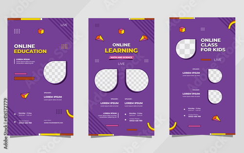 Set of social media stories post templates for Online classroom program, Online Education, and other E-Learning. with Memphis style background and Purple, Yellow, Orange colors