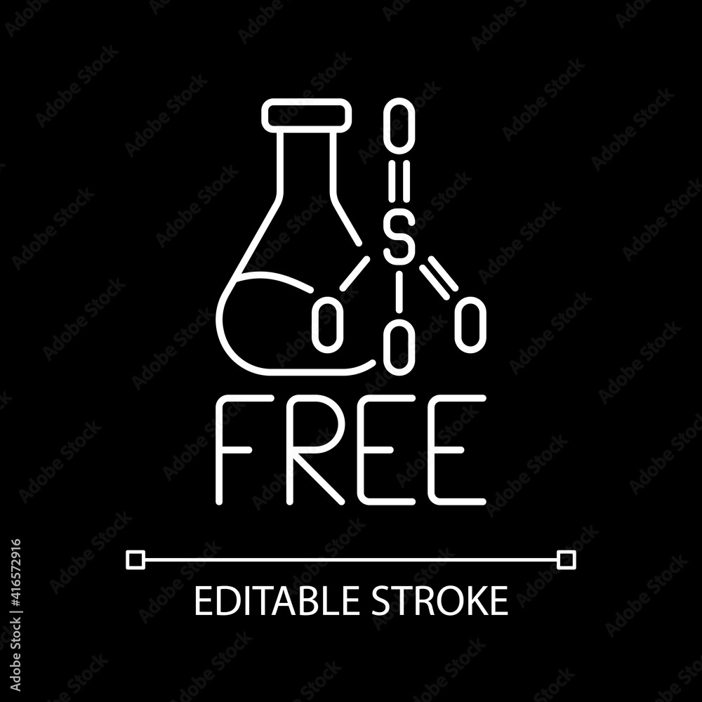 Sulfate free white linear icon for dark theme. Natural cosmetics concept. Creation of products. Thin line customizable illustration. Isolated vector contour symbol for night mode. Editable stroke Sulfate free white linear icon for dark theme. Natural cosmetics concept. Creation of products. Thin line customizable illustration. Isolated vector contour symbol for night mode. Editable stroke