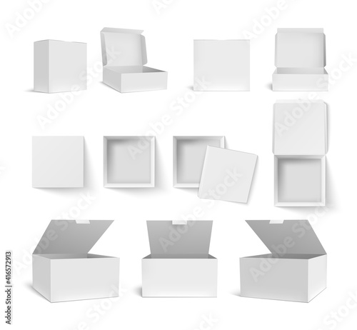 Box packaging. Blank white and black product package in 3d templates. Paper packs for cosmetic, medicines and food isolated vector template. Illustration box blank template, illustration 3d product