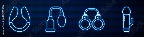 Set line Sexy fluffy handcuffs, Dildo vibrator, Penis pump and Dildo vibrator. Glowing neon icon on brick wall. Vector.