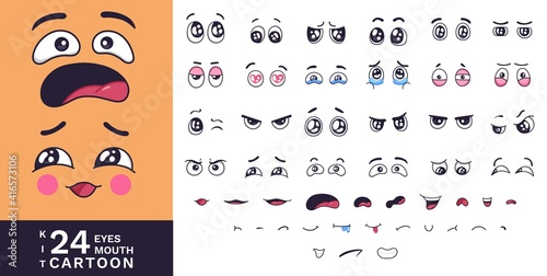 Cartoon faces kit. Funny characters eyes and mouths with various expressions. Love and fear, angry and laugh, smile and sad vector cartoon. Eye and smile facial, personage kawaii emoticon illustration