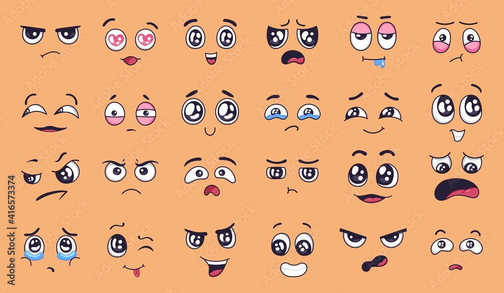 Cartoon faces. Face expressions, happy and sad mood. Laughing, smiling  mouth and crying eyes. Different moods vector set. Illustration eye sad  emotion, expression cry and smile Stock Vector | Adobe Stock