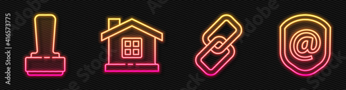 Set line Chain link, Stamp, House and Shield with mail and e-mail. Glowing neon icon. Vector.