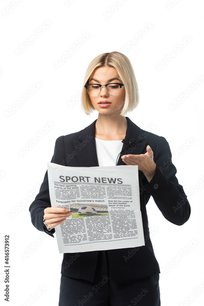 blonde broadcaster in eyeglasses pointing with hand at sport news newspaper isolated on white blonde broadcaster in eyeglasses pointing with hand at sport news newspaper isolated on white