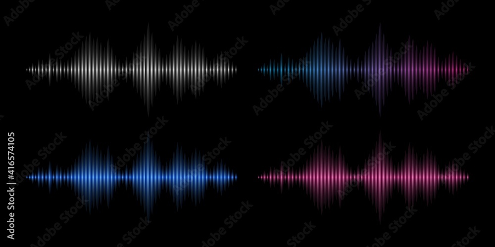 Sound waves. Music frequency, abstract electronic soundtrack. Metal, red and blue waveform energy vector set. Illustration wave soundtrack frequency, music equalizer rainbow glowing Sound waves. Music frequency, abstract electronic soundtrack. Metal, red and blue waveform energy vector set. Illustration wave soundtrack frequency, music equalizer rainbow glowing