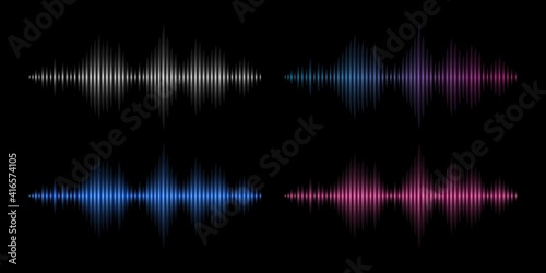 Sound waves. Music frequency, abstract electronic soundtrack. Metal, red and blue waveform energy vector set. Illustration wave soundtrack frequency, music equalizer rainbow glowing
