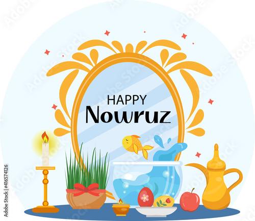 Happy Nowruz day greeting card, template for your design. New Year in Iran. Vector illustration, clip art.