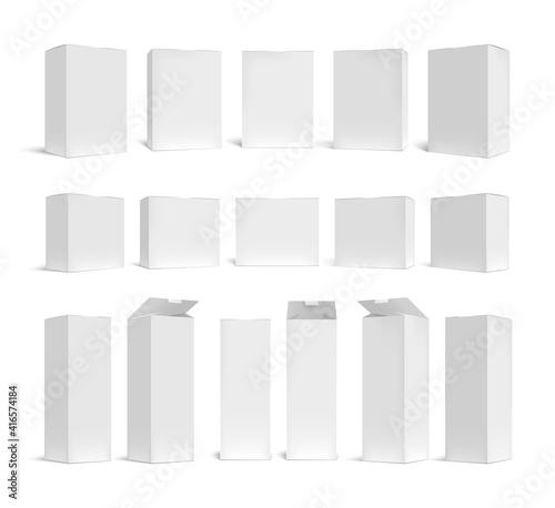 White boxes mockup. Blank product package 3d in various size templates. cardboard packs for cosmetic, medicines vector templates. Illustration carton shape box, cardboard 3d packaging