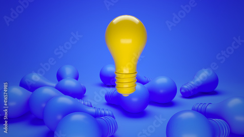 Set of turn off lights surrounding an illuminated bulb light lamp in 3d render mockup minimalist illustration flat style. Inspiration, ideas, creativity, brainstorming concepts