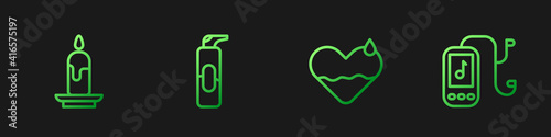 Set line Heart heal, Burning candle, Spray for hairspray and Music player. Gradient color icons. Vector.