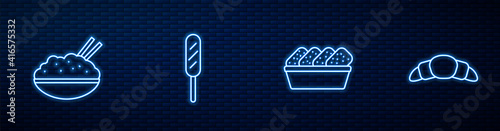 Set line Chicken nuggets in box, Rice a bowl with chopstick, Corn dog and Croissant. Glowing neon icon on brick wall. Vector.
