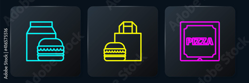 Set line Online ordering and burger delivery, Pizza cardboard box and . Black square button. Vector.
