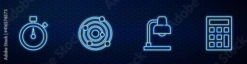 Set line Table lamp, Stopwatch, Solar system and Calculator. Glowing neon icon on brick wall. Vector.