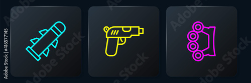 Set line Rocket, Brass knuckles and Pistol or gun. Black square button. Vector.