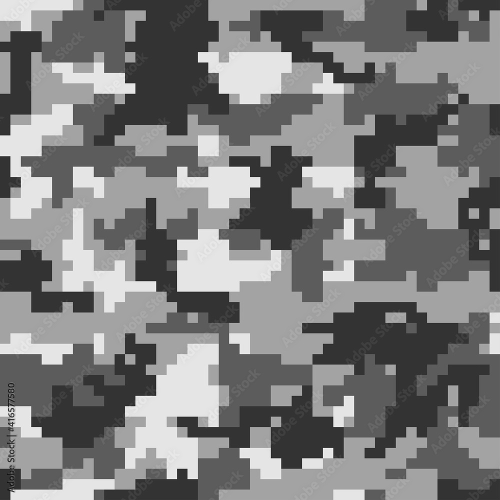 Digital camouflage, gray pixel background.