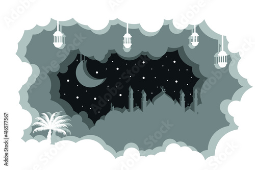Islamic themed illustration vector with papercut style
