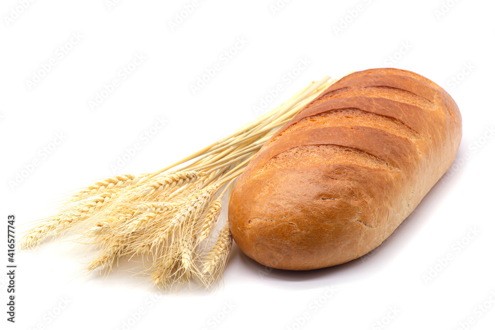 Composition of white bread, wheat on white background