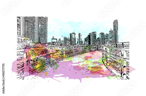 Building view with landmark of Panama City is the
city in Florida. Watercolor splash with hand drawn sketch illustration in vector.