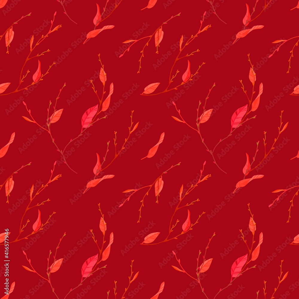 Cherry branches with leaves: seamless pattern. Digital drawing Cherry branches with leaves: seamless pattern. Digital drawing
