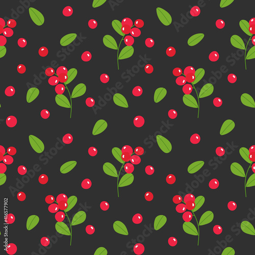 Vector seamless pattern of cranberry twig, berries and leaves on a gray background. Bright juicy berries for wallpaper, wrapping paper, fabric, packaging design. © Natalij