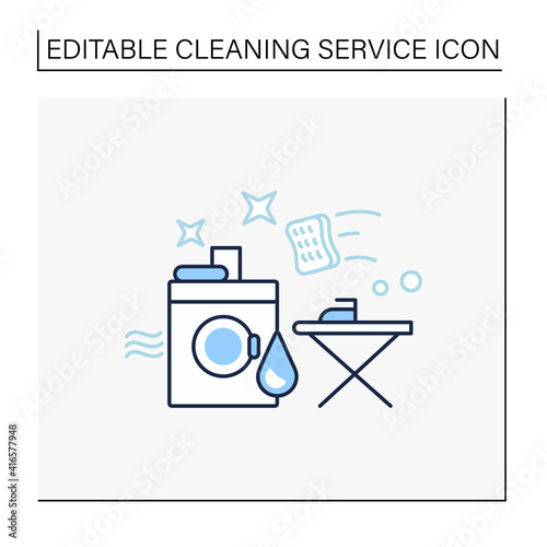 Laundry services line icon. Washing, drying and ironing. Washing machine, ironing board. Using chemical solvent with water. Cleaning service concept. Isolated vector illustration.Editable stroke