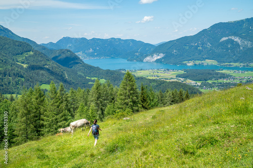 A young female hiker seen in a green landscape hiking her way in the direction Strobl am Wolfgangsee, Austria. photo