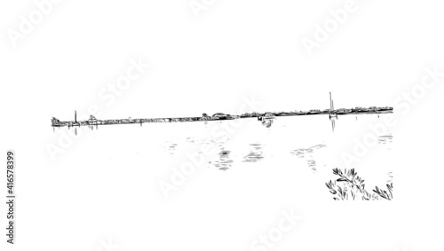 Building view with landmark of Panama City is the
city in Florida. Hand drawn sketch illustration in vector.