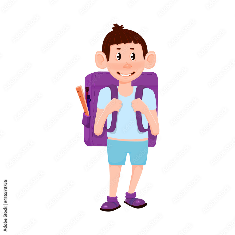 Cute boy with backpack smiling - cartoon style