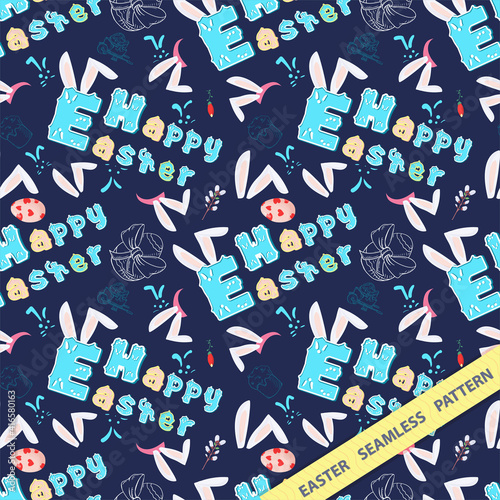 Easter seamless pattern flat illustration in the style of childrens doodle Beautiful lettering rabbit ears colored eggs drawings are arranged in random order