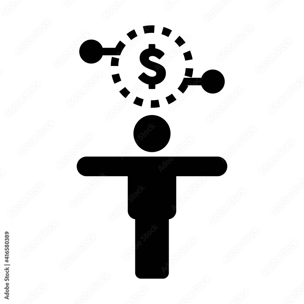 Coin icon vector digital dollar currency with male person for digital wallet in a glyph pictogram illustration