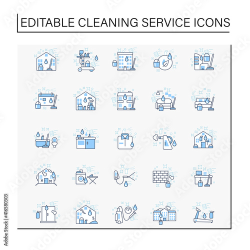 Cleaning services line icons set.Consists of house cleaning, apartments, commercial, services, pressure washing, sanitizing service etc. Cleanup concepts.Isolated vector illustrations.Editable stroke