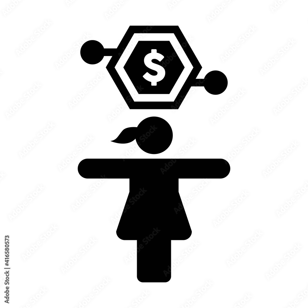 Digital money icon vector dollar currency symbol with female person for currency transaction in a glyph pictogram illustration Digital money icon vector dollar currency symbol with female person for currency transaction in a glyph pictogram illustration