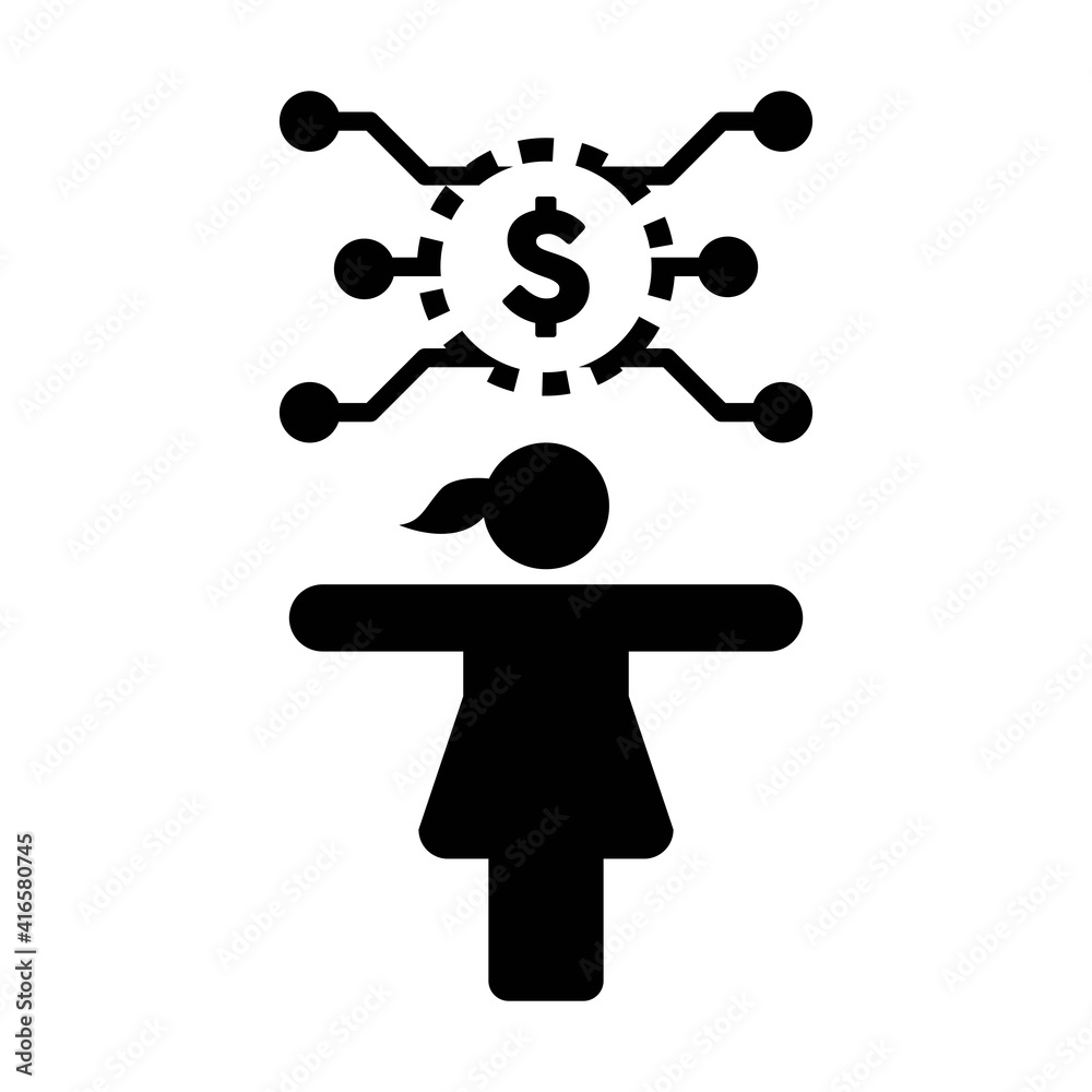 Investment icon vector digital dollar currency with female person for digital wallet in a glyph pictogram illustration Investment icon vector digital dollar currency with female person for digital wallet in a glyph pictogram illustration