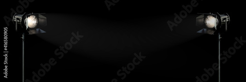 film lights, movie production background with copy space, movies lights on the dark banner photo