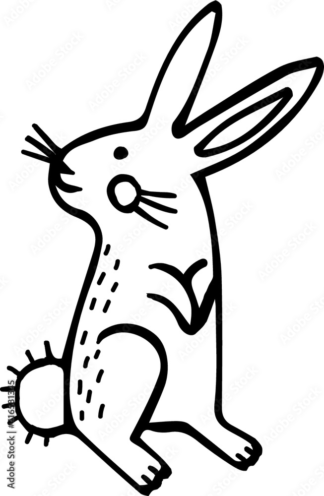 Obraz premium Cute little vector - easter bunny stand and watching. Hand drawn isolated illustration.